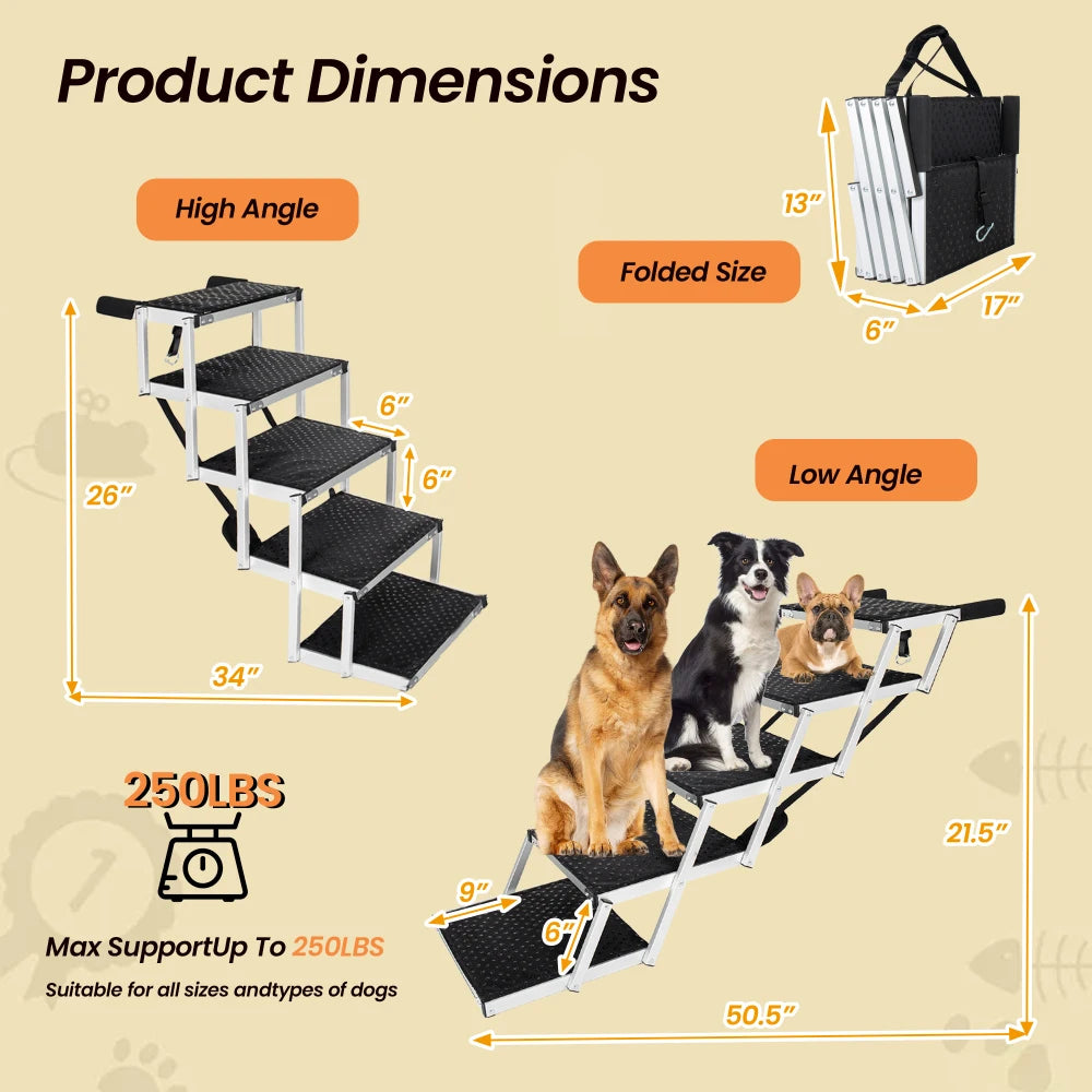 Foldable Non-Slip Dog Ramp Sturdy Reinforced 250lbs Load Pet Dog Stairs Lightweight Portable Ladder for Cars SUVs Trucks