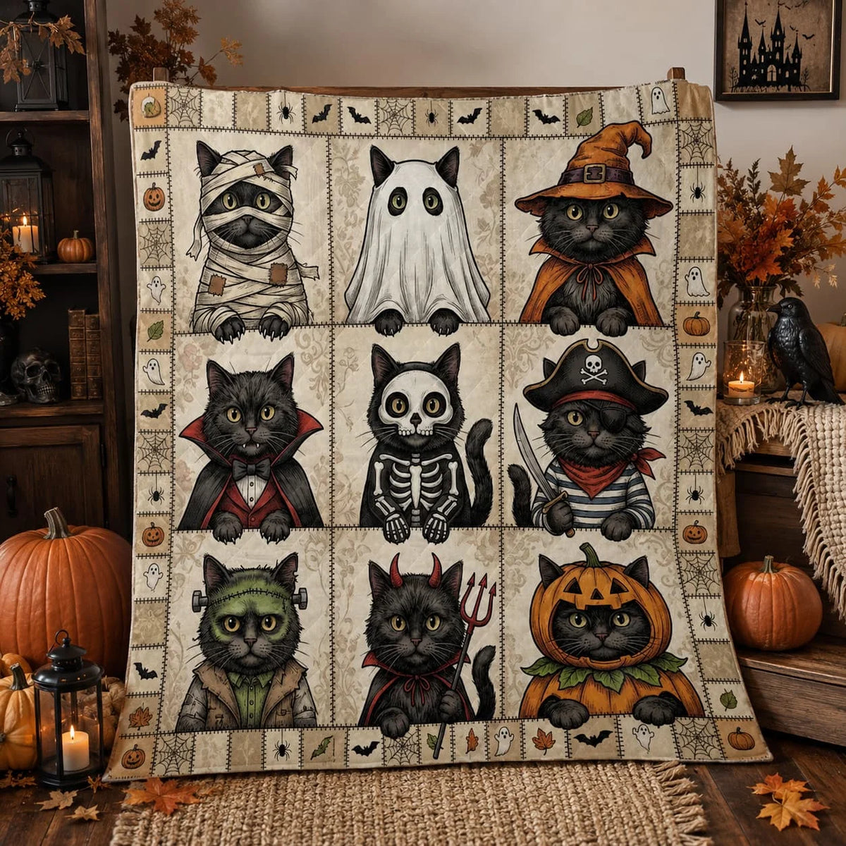 Premium Polyester Black Cat Halloween Quilt Blanket