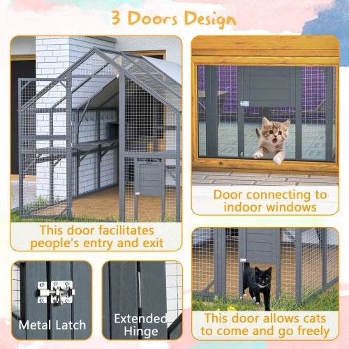 Spacious Outdoor Cat Enclosure With Weatherproof Roof And Dual Cabins
