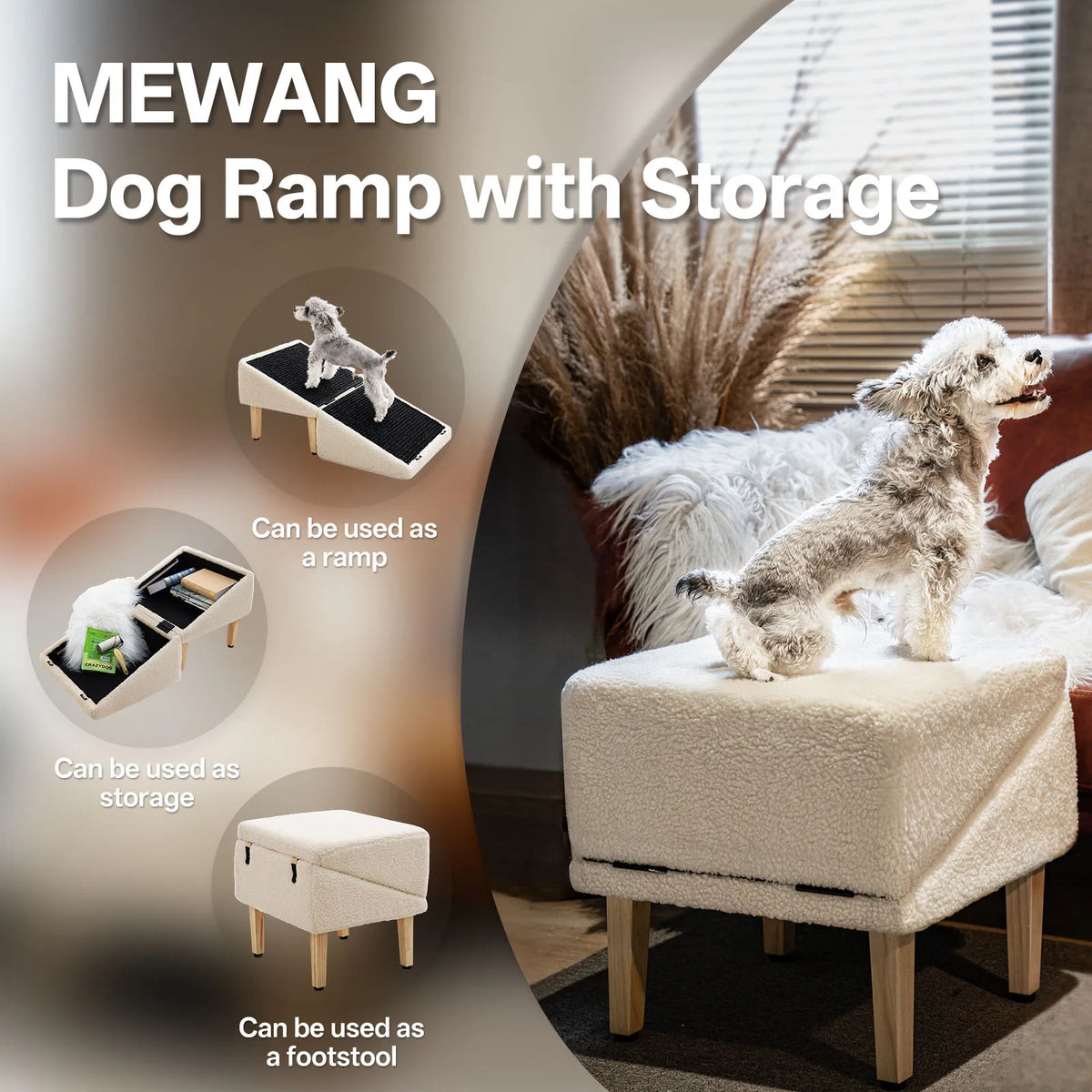 3 In 1 Wooden Pet Ramp With Hidden Storage Footstool