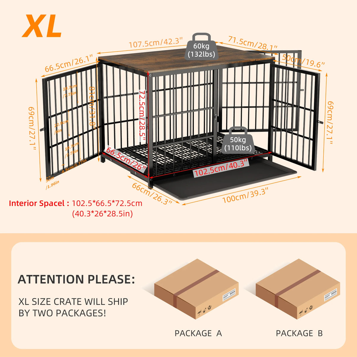 Metal And Wood Dog Crate End Table With Removable Tray