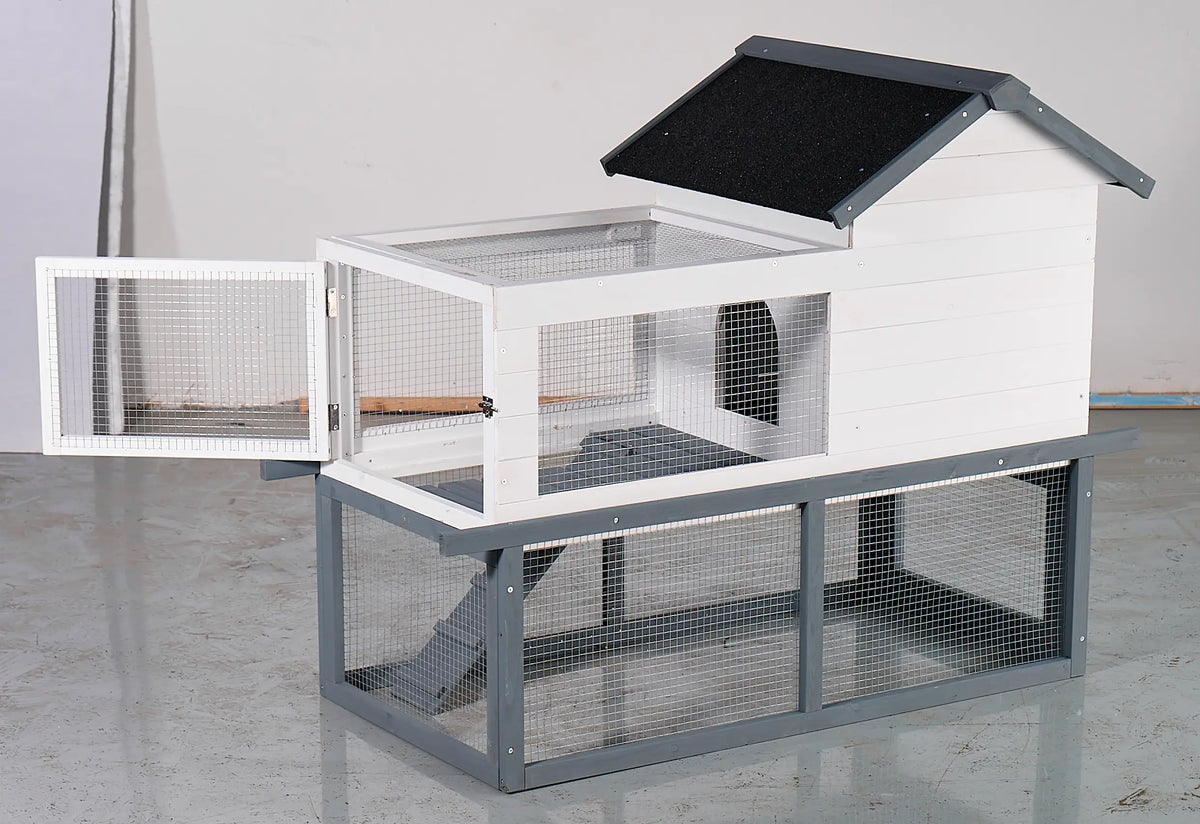 Chicken Coop with Run Elevated Solid Wood Hen House Outdoor Waterproof Metal Frame Raised Chicken Cage Pull Out Cleaning Tray Backyard Rabbit Hutch for Small Poultry