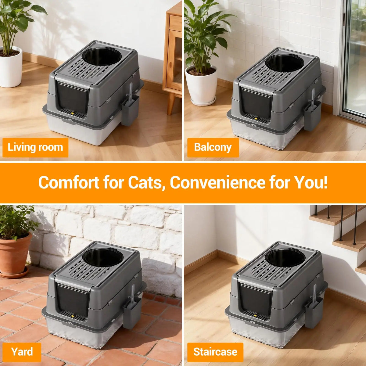2-in-1 Stainless Steel Cat Litter Box, Large Semi-Enclosed Cat Litter Tray with Top Exit, Front Door, Air Vents, Detachable Inner Buckle, Cat Litter Scoop Included