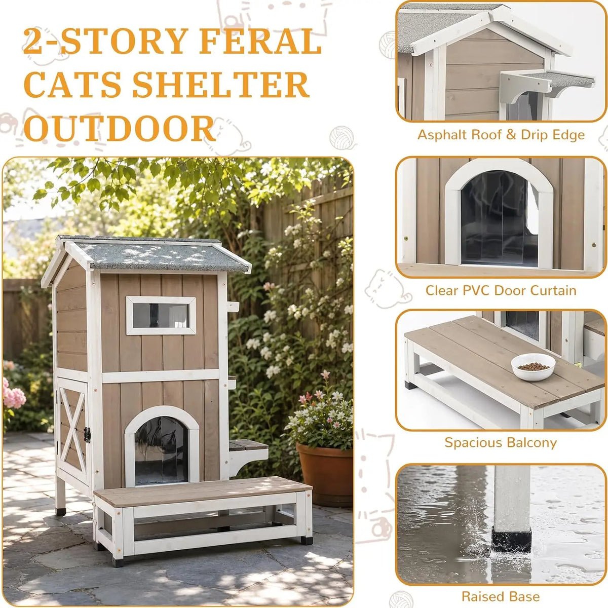 Weatherproof Wooden Outdoor Cat House for Feral Cats with Insulated Lining, Multiple Cat Shelter with Open Roof, 4 Escape Doors and Balcony Feeding Station