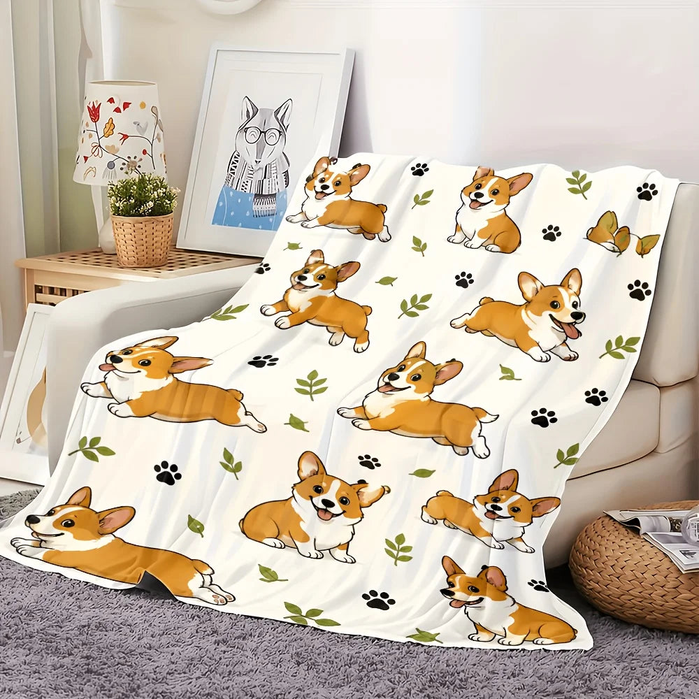 Cartoon Corgi Printed Flannel Throw Blanket Ultra Soft Cozy
