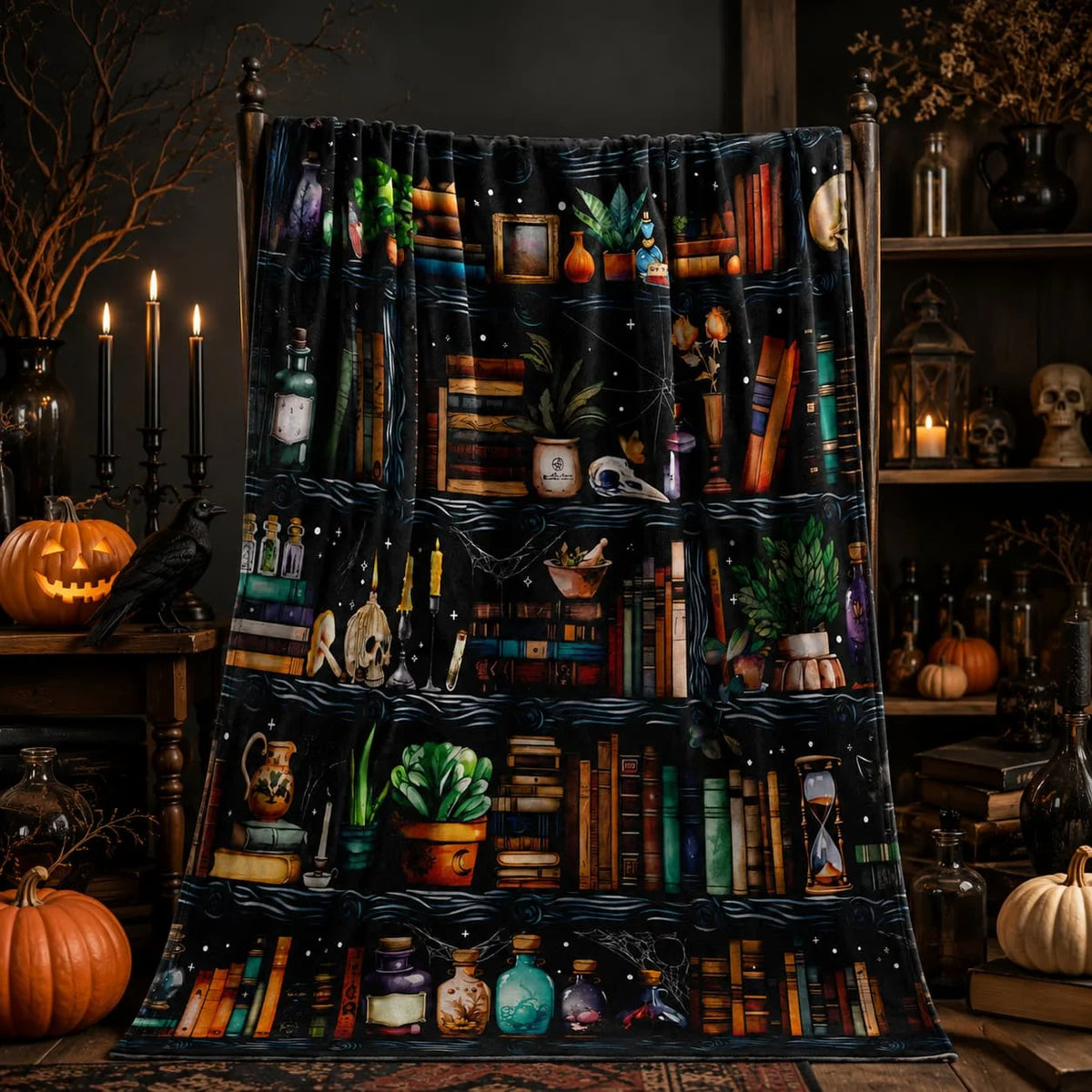 Halloween Book Lover Witch Bookshelf Fleece Throw Blanket Home Decor
