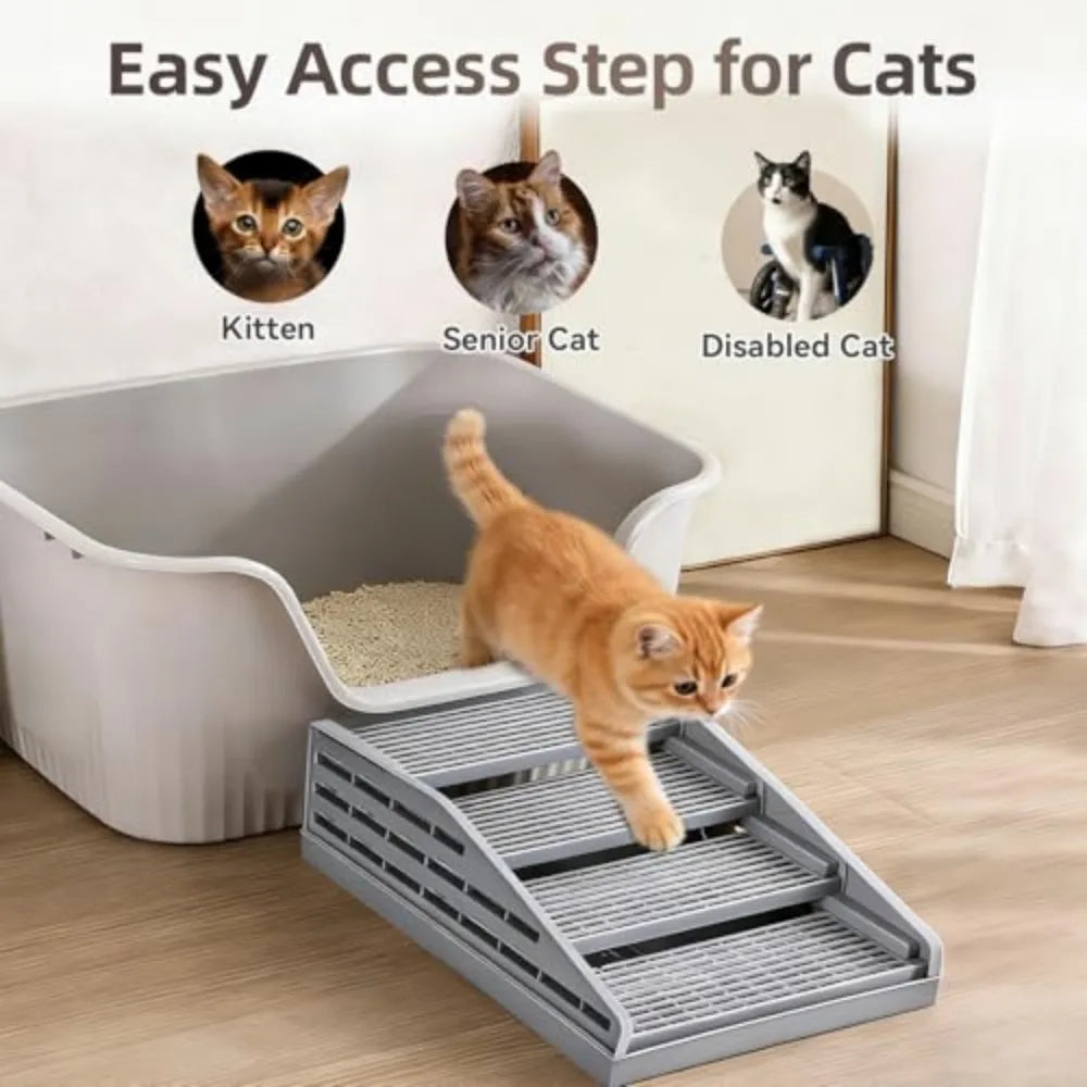 Adjustable Litter Box Step, Elevated Cat Ramp/Stairs with Filter Function, Anti-Tracking, Easy to Clean, Fits Automatic Litter Boxes, for Small & Elderly Cats, Non-Slip(Grey)