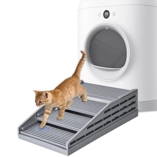 Adjustable Litter Box Step, Elevated Cat Ramp/Stairs with Filter Function, Anti-Tracking, Easy to Clean, Fits Automatic Litter Boxes, for Small & Elderly Cats, Non-Slip(Grey)
