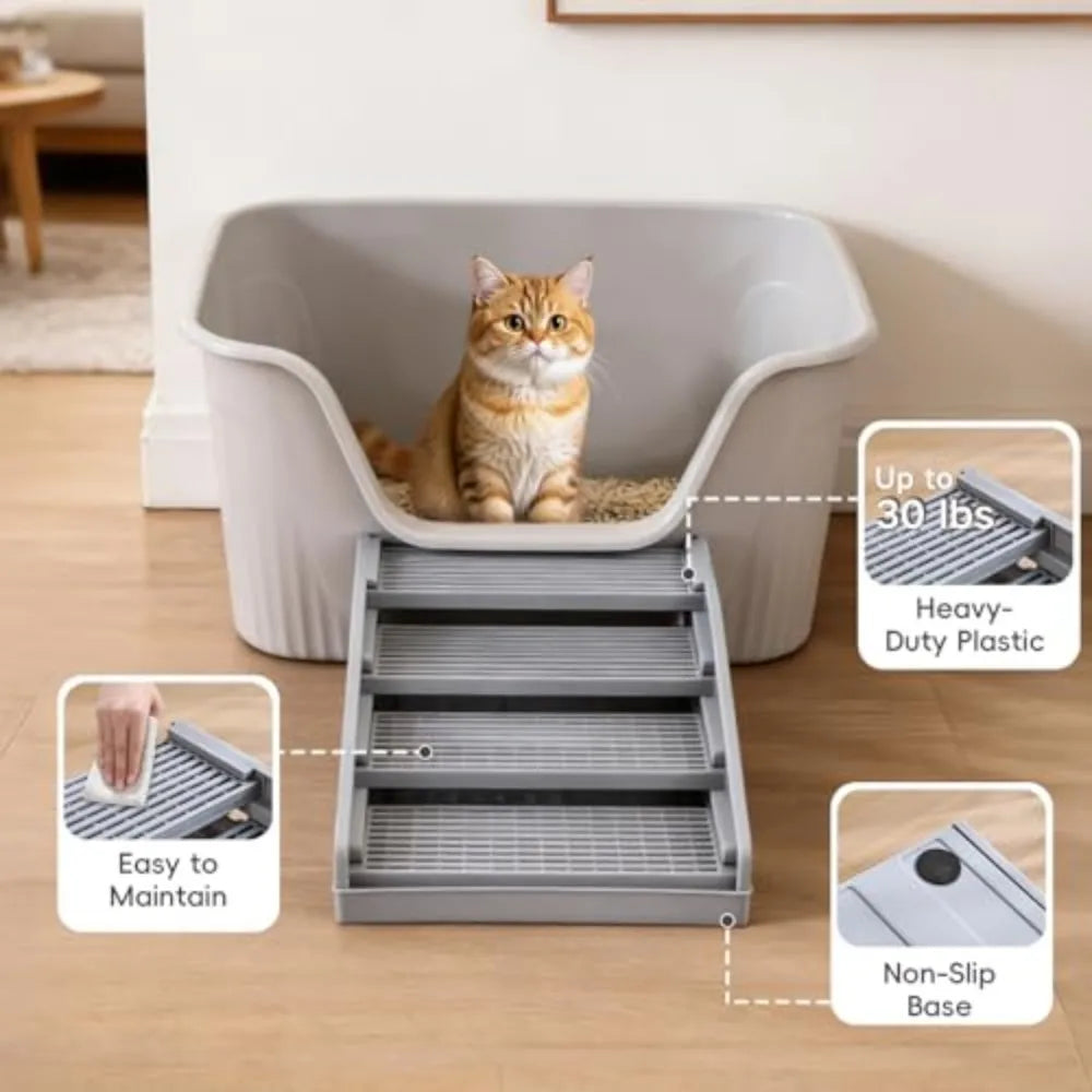 Adjustable Litter Box Step, Elevated Cat Ramp/Stairs with Filter Function, Anti-Tracking, Easy to Clean, Fits Automatic Litter Boxes, for Small & Elderly Cats, Non-Slip(Grey)