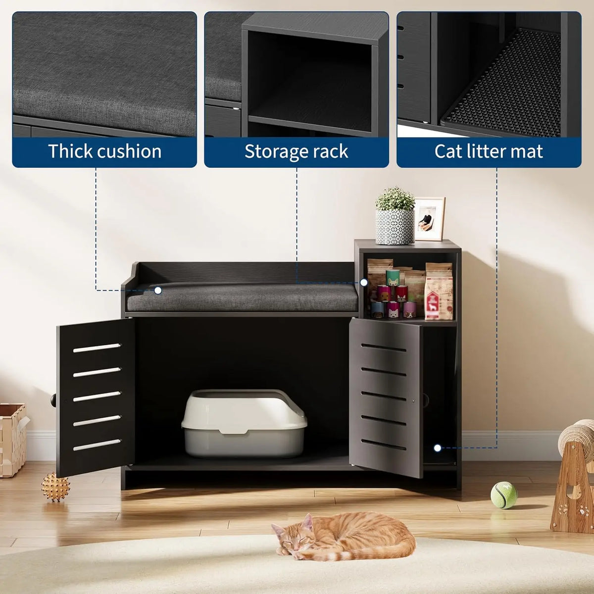 Farmhouse Cat Litter Box Enclosure With Scratch Pad Storage