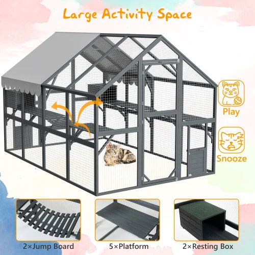 Spacious Outdoor Cat Enclosure With Weatherproof Roof And Dual Cabins