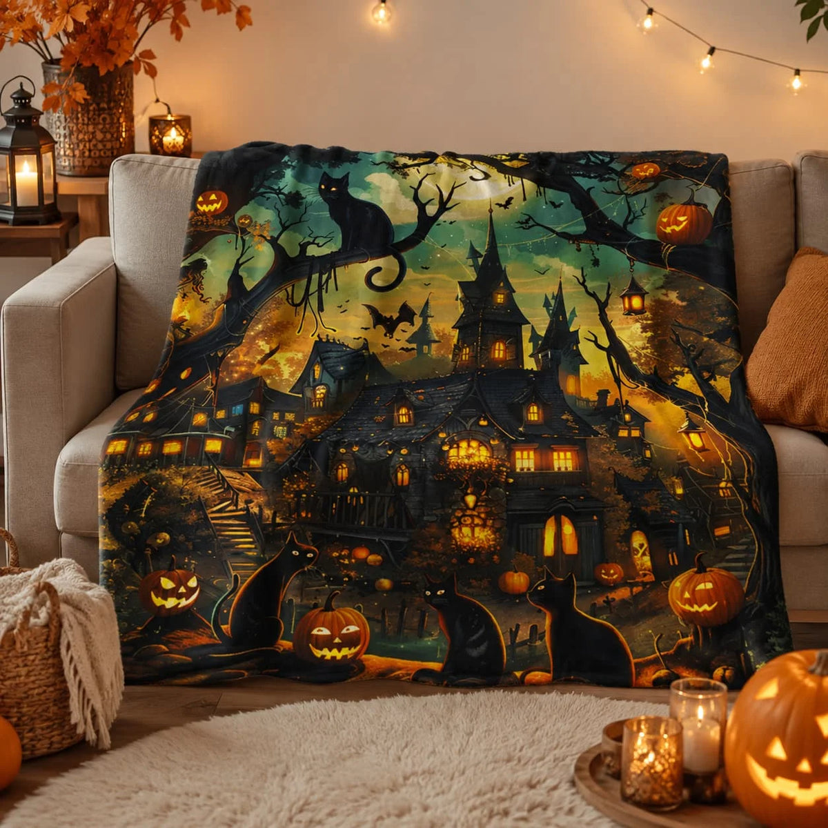 Pumpkin Cat Halloween Sherpa Throw Blanket For Home Decor