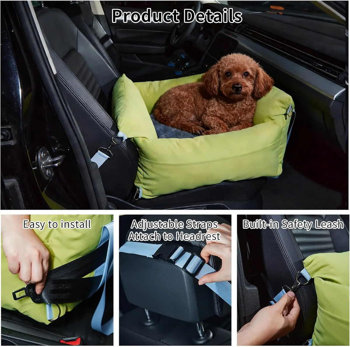 Waterproof Dog Car Seat Booster for Small Dogs, Green, 60*50*33 cm Elevated Travel Bed/Carrier with Safety Tether, Headrest Strap, Storage Pockets