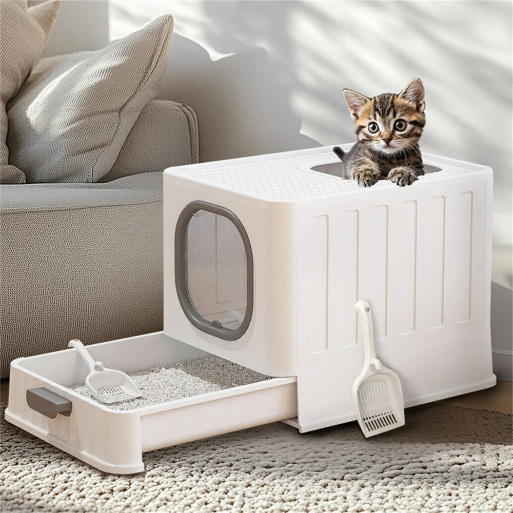 Enclosed Cat Litter Box With Drawer Scoop For Easy Cleaning