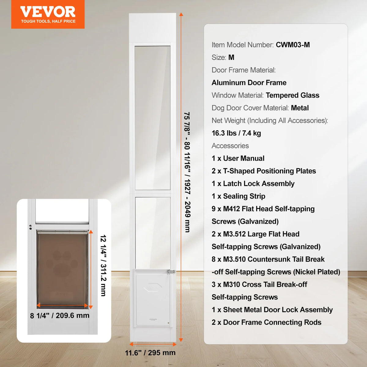 SucceBuy Aluminum Tempered Glass Sliding Adjustable Pet Door For Dogs
