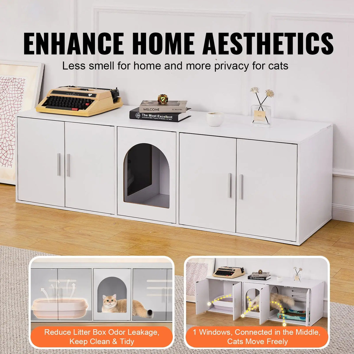 Double Room Cat Litter Box Enclosure Cabinet for Two Cats