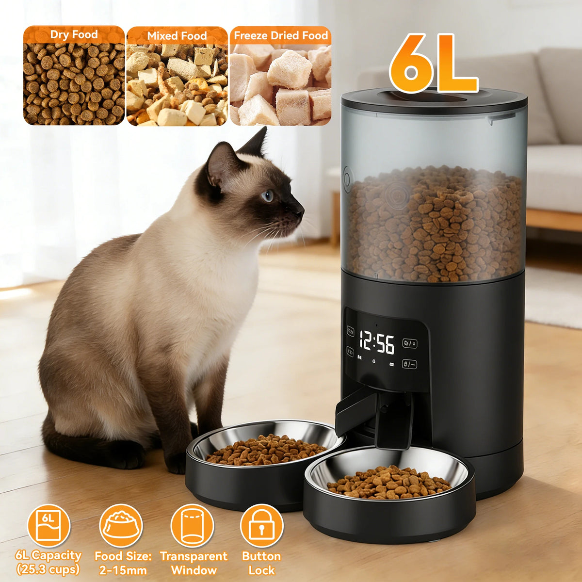 JHK Automatic Cat Feeder With Dual Stainless Bowls And Timer