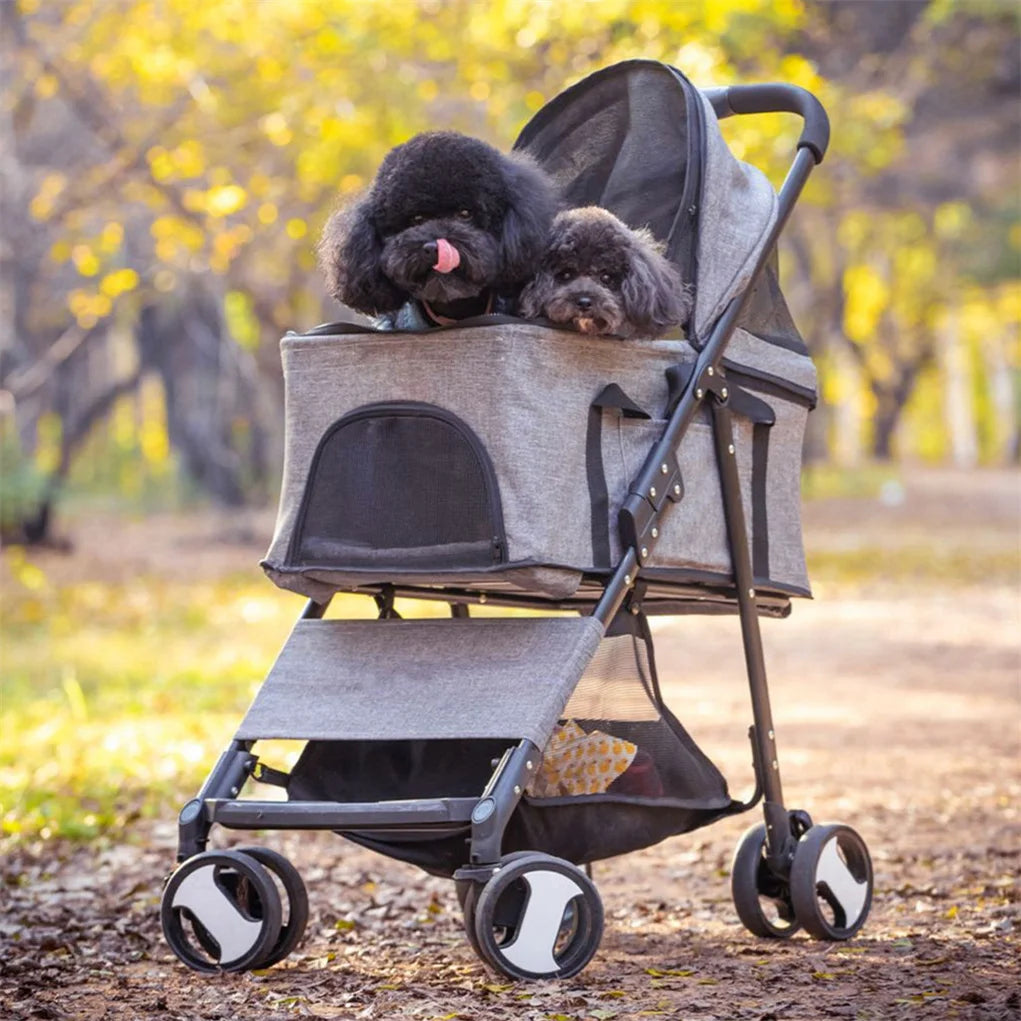 Foldable Four Wheel Pet Stroller With Rain Cover And Storage Basket