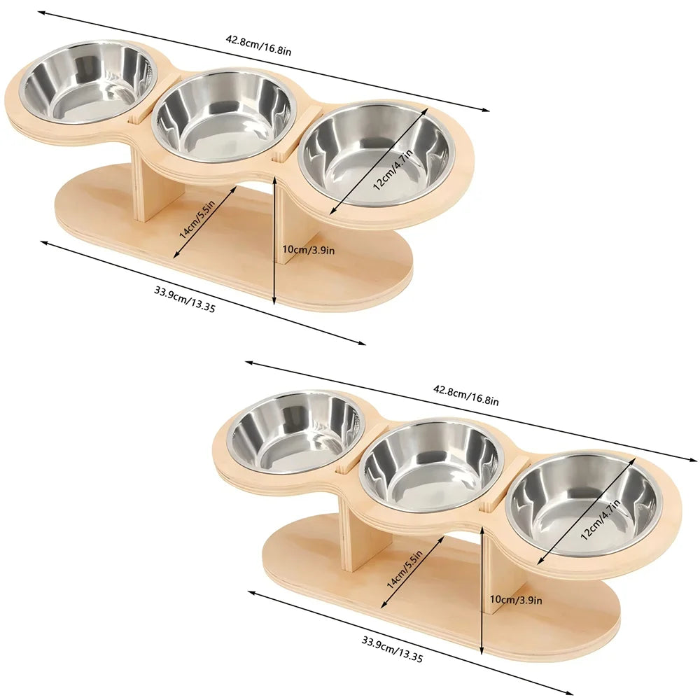 Elevated Cat Feeder With Three Stainless Bowls Tilted Wood Stand