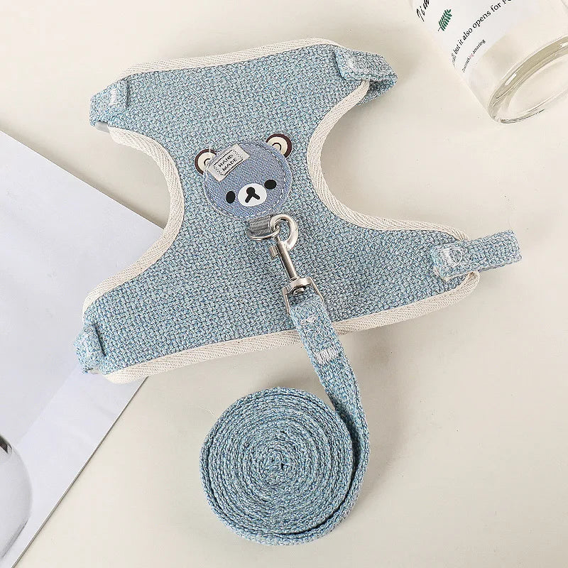 Padded Linen Rabbit Harness And Leash Set For Outdoor Walks