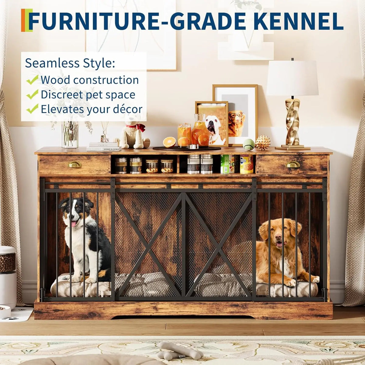 Decorative Double Dog Crate With Divider And Storage Drawers