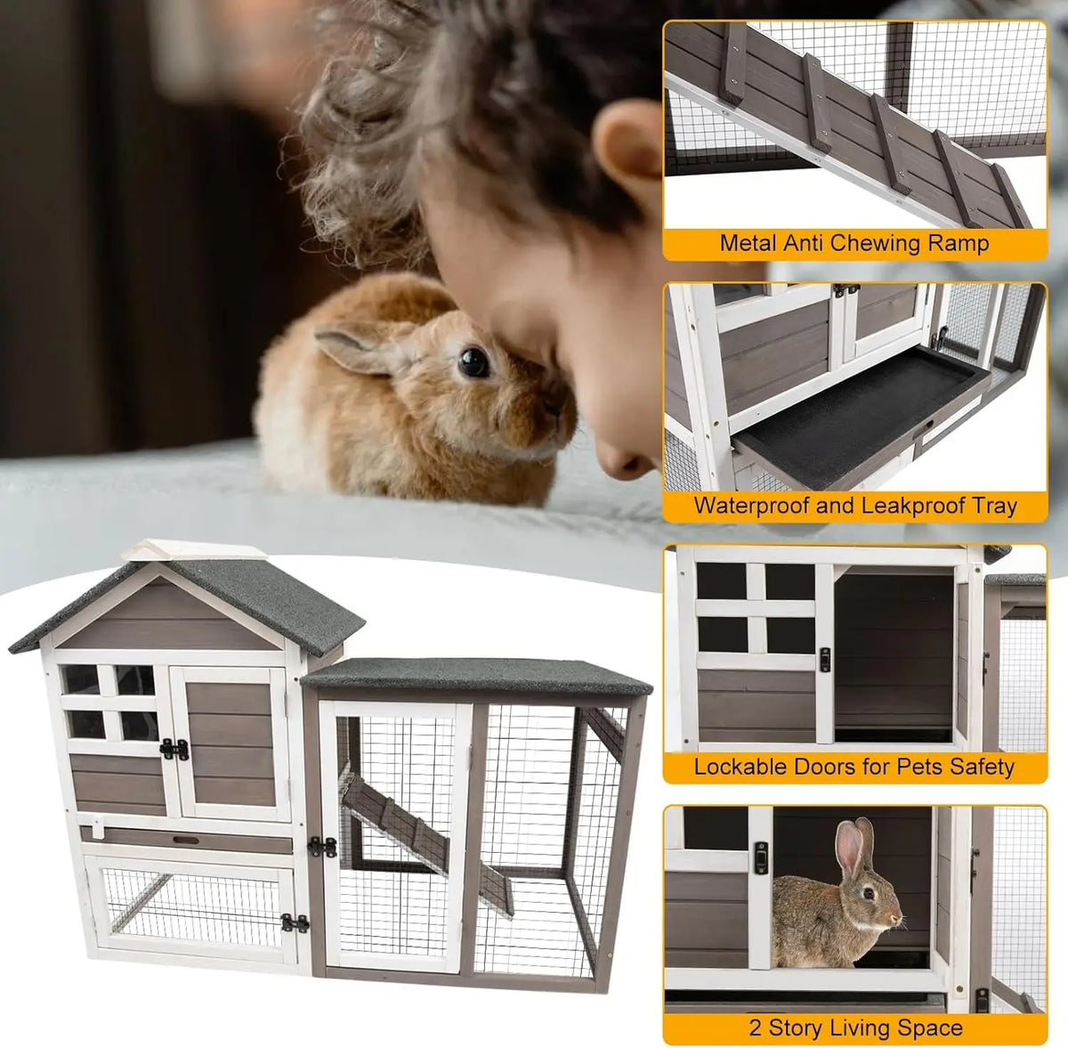 Large Rabbit Hutch Outdoor Indoor with Pull Out Tray Wooden Bunny Hutch, Guinea Pig Cage Chicken Coop with Run, Removable Tray, Asphalt Roof, Lockable Doors and Ramp