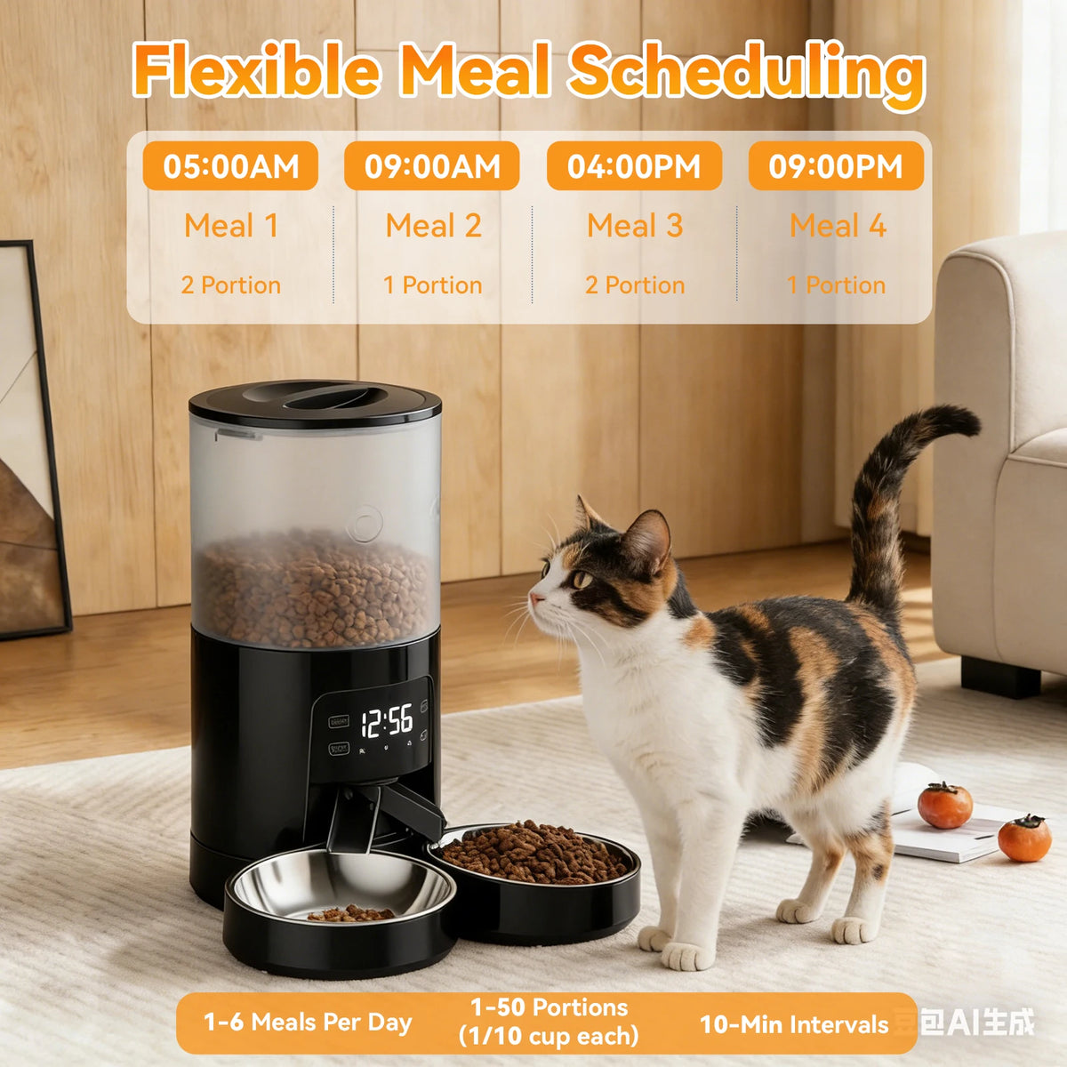 JHK Automatic Cat Feeder With Dual Stainless Bowls And Timer