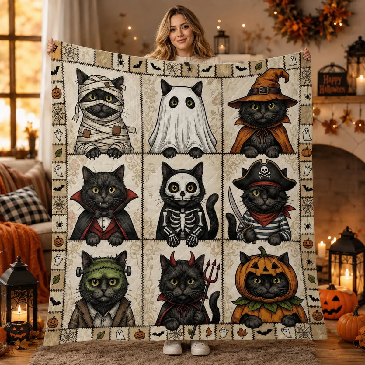 Premium Polyester Black Cat Halloween Quilt Blanket
