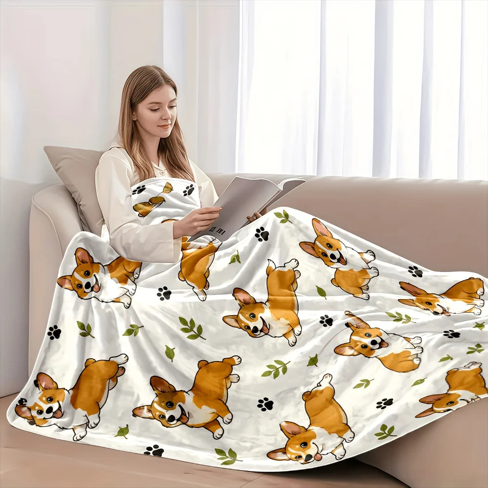 Cartoon Corgi Printed Flannel Throw Blanket Ultra Soft Cozy