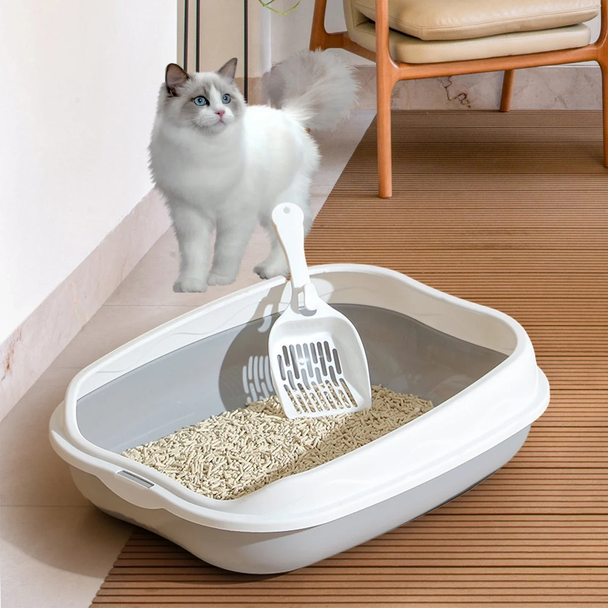 Semi Enclosed Cat Litter Box With Spatter Proof Cleaning Design