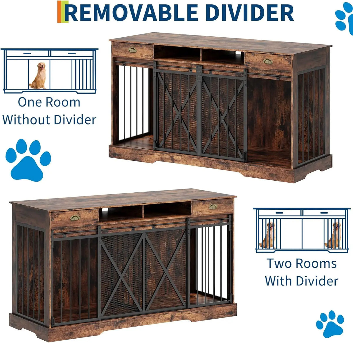 Decorative Double Dog Crate With Divider And Storage Drawers