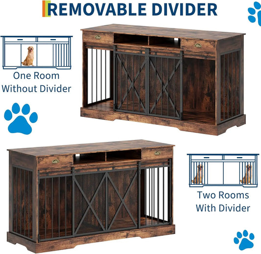 Decorative Double Dog Crate With Divider And Storage Drawers