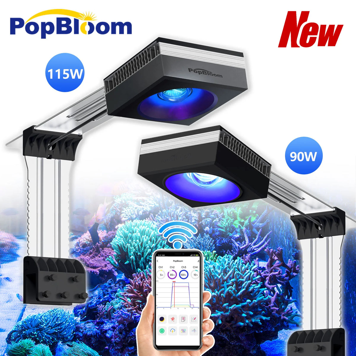 PopBloom WiFi Aquarium LED Light RL90/RL115, Professional Reef Aquarium Lamp Full Spectrum for Reef Coral SPS/LPS Fish Tank