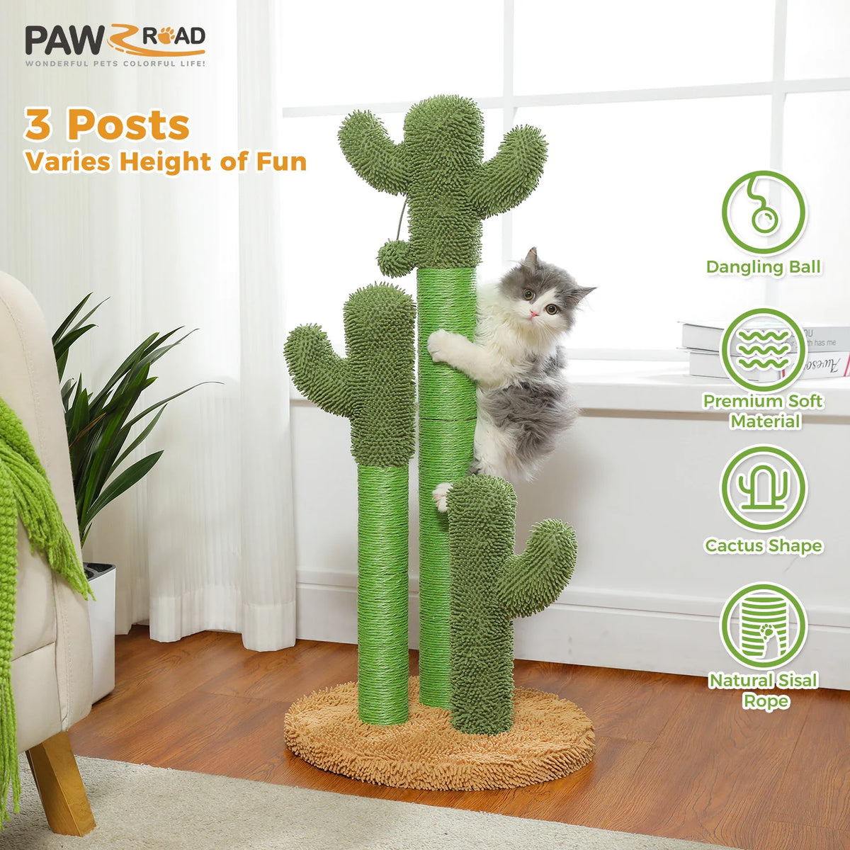 Pawz Road Three Sisal Cat Scratching Post With Interactive Ball