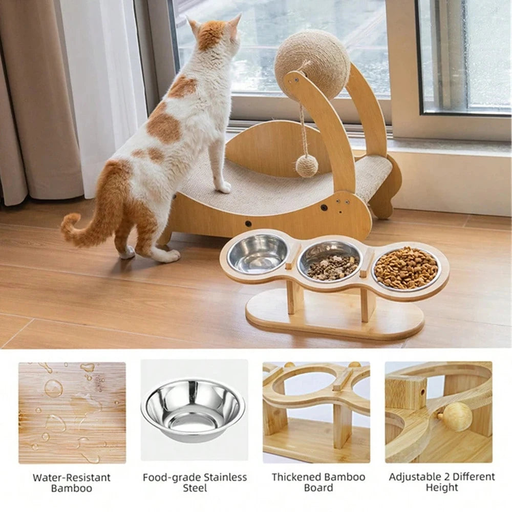 Elevated Cat Feeder With Three Stainless Bowls Tilted Wood Stand