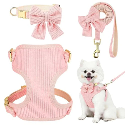 Adjustable Cotton Dog Harness And Leash Set With Bowtie Design