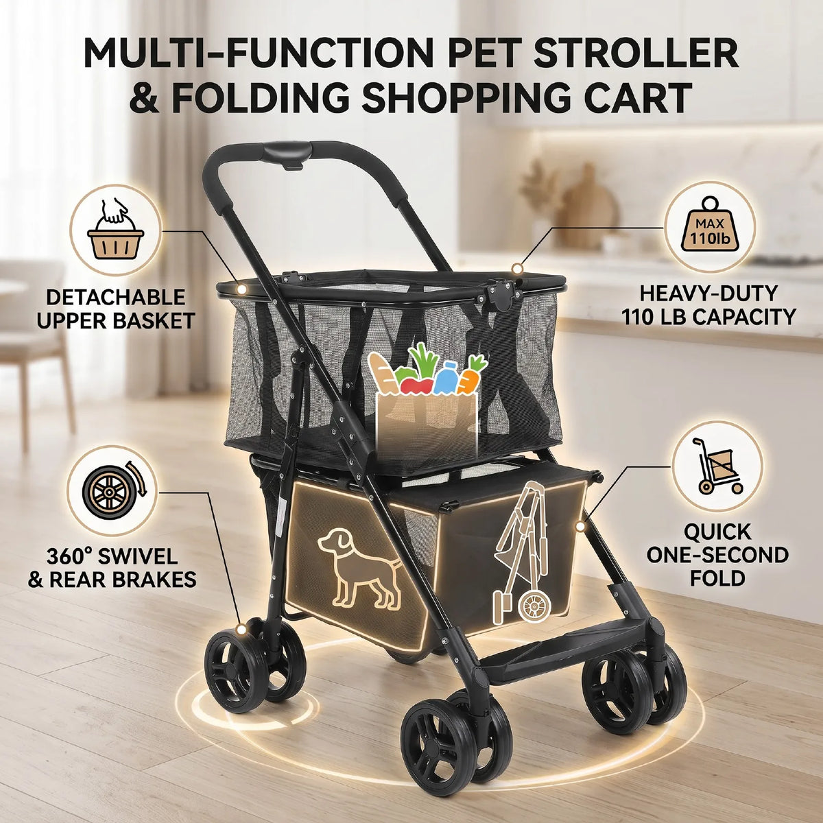 Folding Pet Stroller And Shopping Cart With Detachable Hand Basket