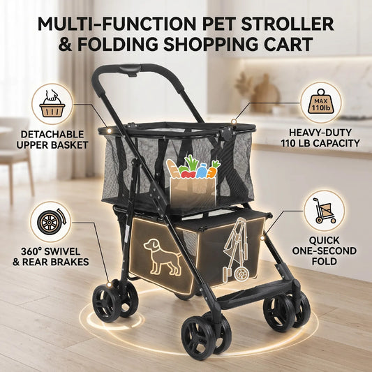 Folding Pet Stroller And Shopping Cart With Detachable Hand Basket