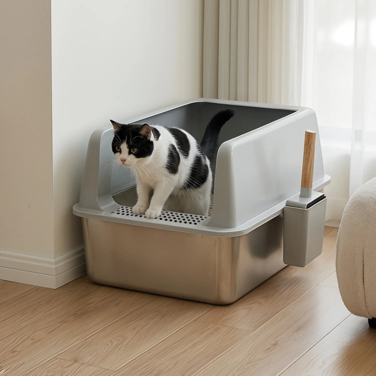 Stainless Steel Cat Litter Pan Includes Scoop And Cleaning Mat