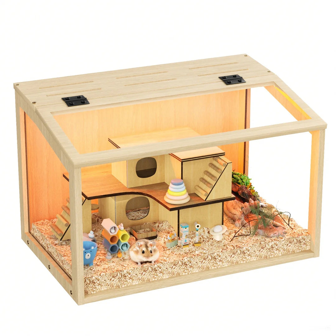 Chew Proof Wooden Hamster Cage With Tempered Glass Panels