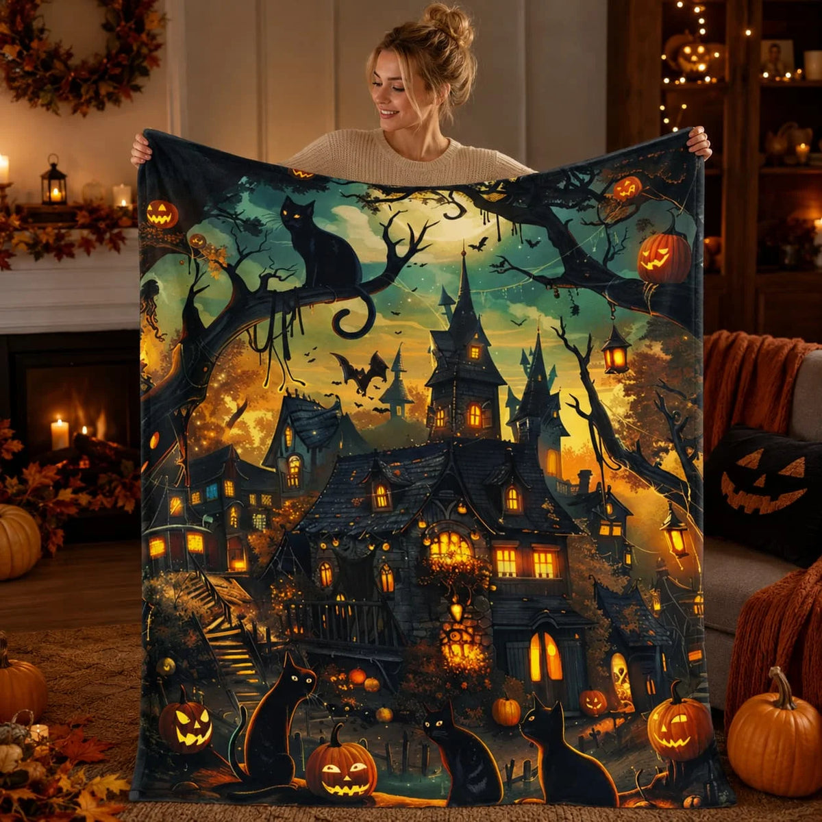 Pumpkin Cat Halloween Sherpa Throw Blanket For Home Decor