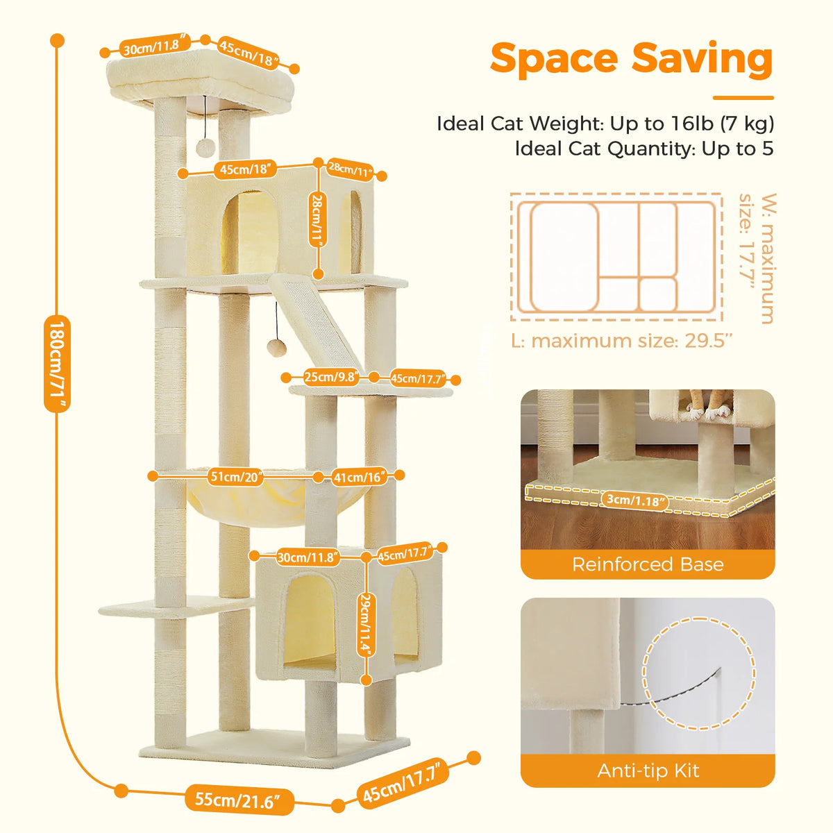Tall Cat Tree with Scratching Posts Cozy Hammock Top Perch Multi-Level Large Cat Tower Spacious Cat Condo for Indoor Cat Toys