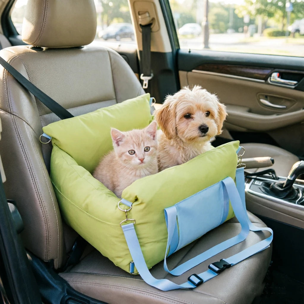 Waterproof Dog Car Seat Booster for Small Dogs, Green, 60*50*33 cm Elevated Travel Bed/Carrier with Safety Tether, Headrest Strap, Storage Pockets
