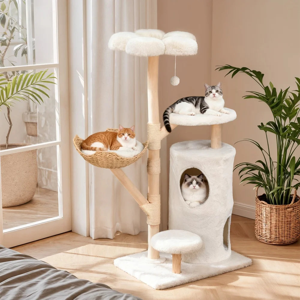 BORWART Wooden Cat Tree Tower With Scratching Post And Condo House