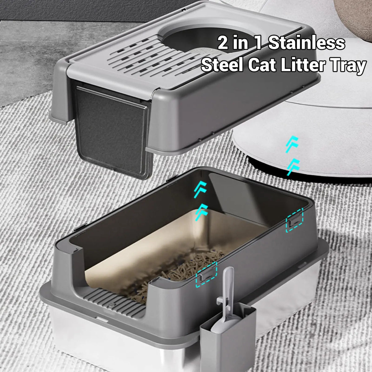 2-in-1 Stainless Steel Cat Litter Box, Large Semi-Enclosed Cat Litter Tray with Top Exit, Front Door, Air Vents, Detachable Inner Buckle, Cat Litter Scoop Included