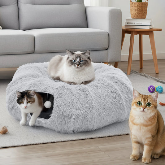 JHK Multifunctional Doughnut Cat Tunnel Bed Plush Washable Playground