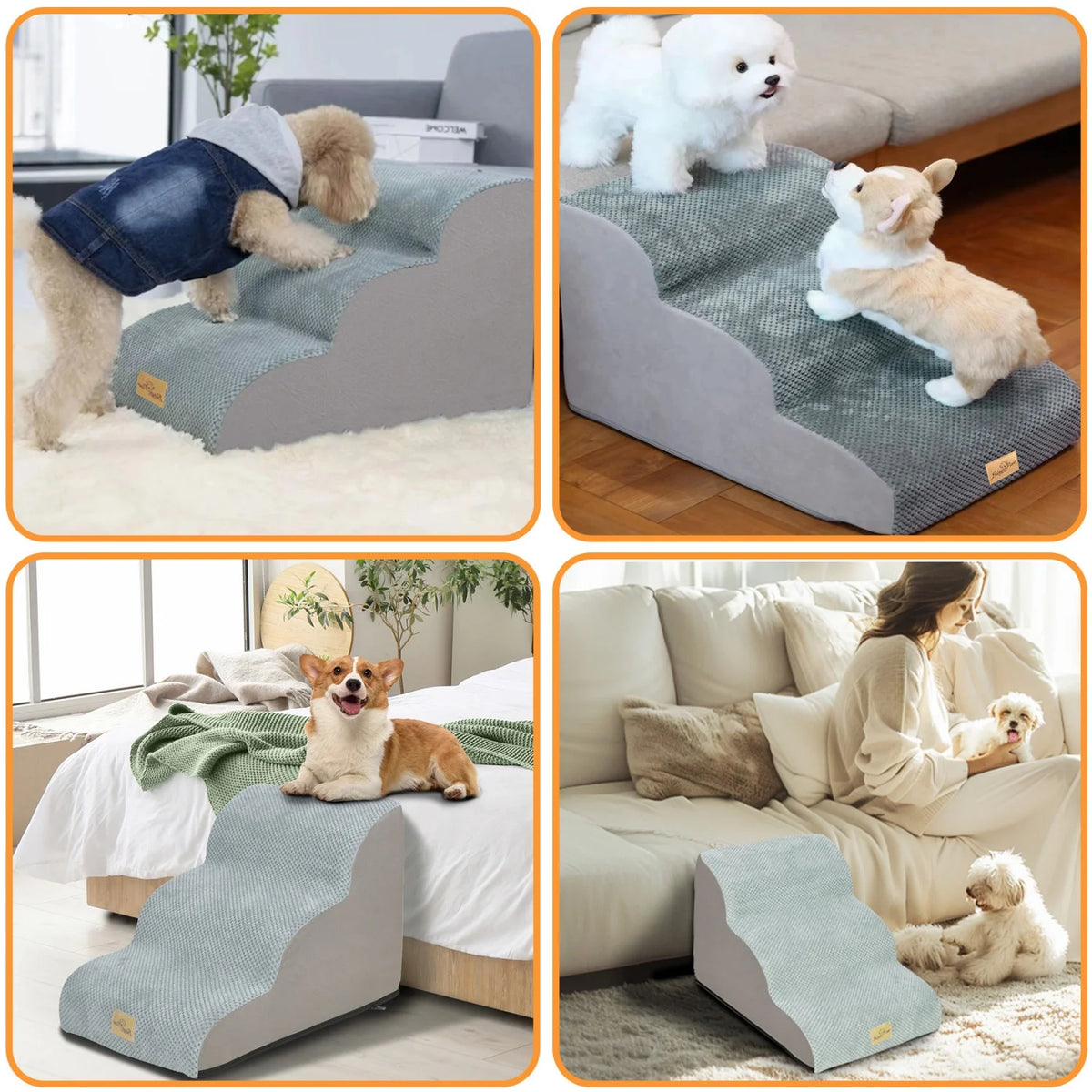 Curved Small Dog Stairs With Removable Cover For Bed Or Couch