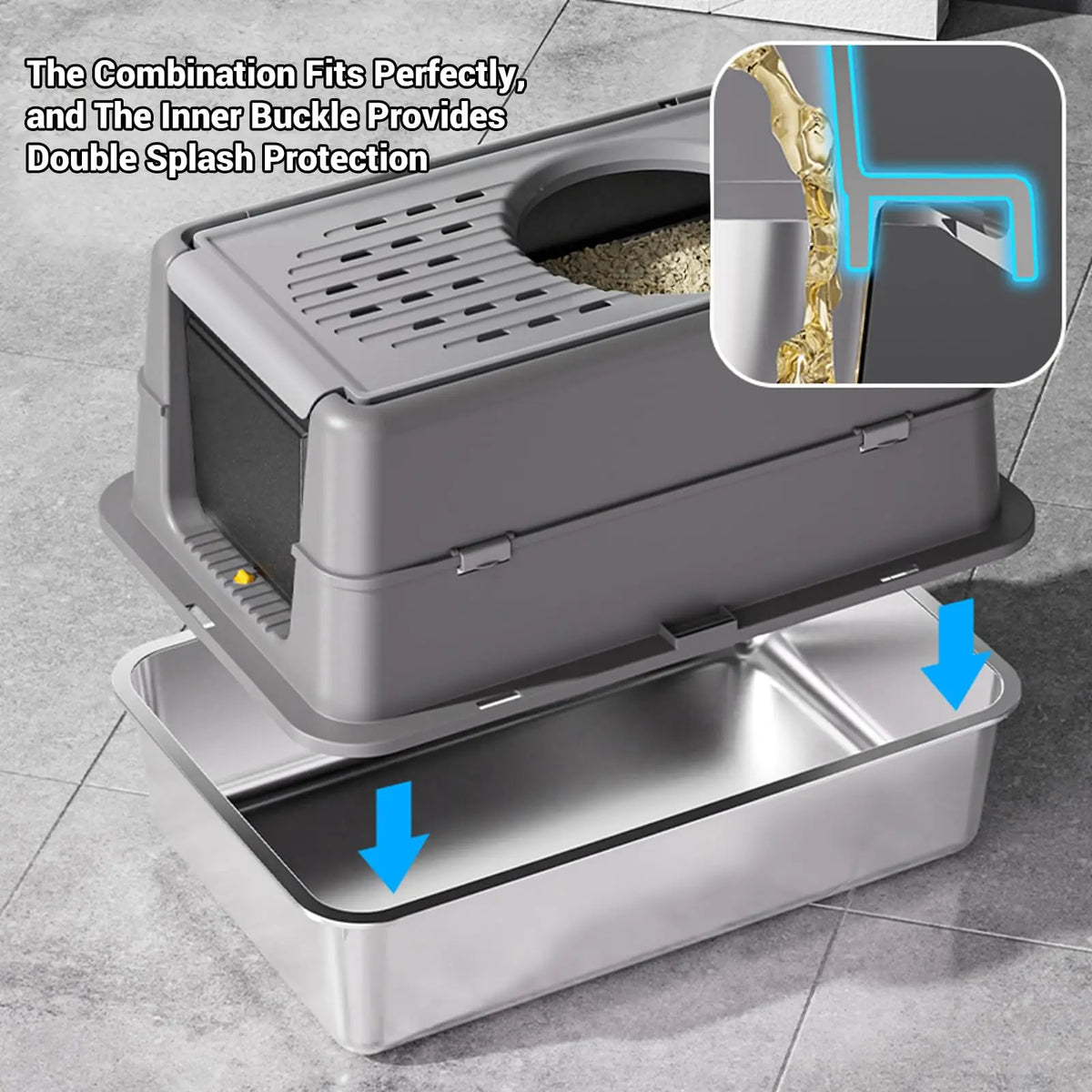 2-in-1 Stainless Steel Cat Litter Box, Large Semi-Enclosed Cat Litter Tray with Top Exit, Front Door, Air Vents, Detachable Inner Buckle, Cat Litter Scoop Included