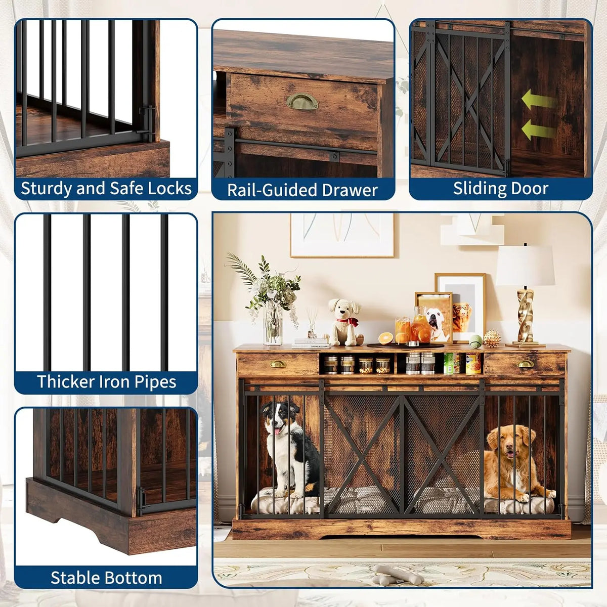 Decorative Double Dog Crate With Divider And Storage Drawers