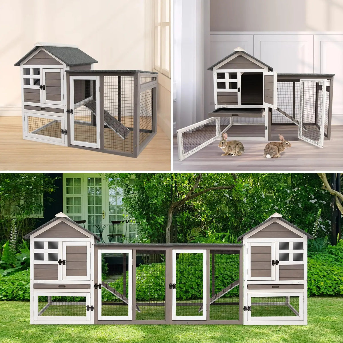 Two Story Wooden Rabbit Hutch With Pull Out Tray Indoors